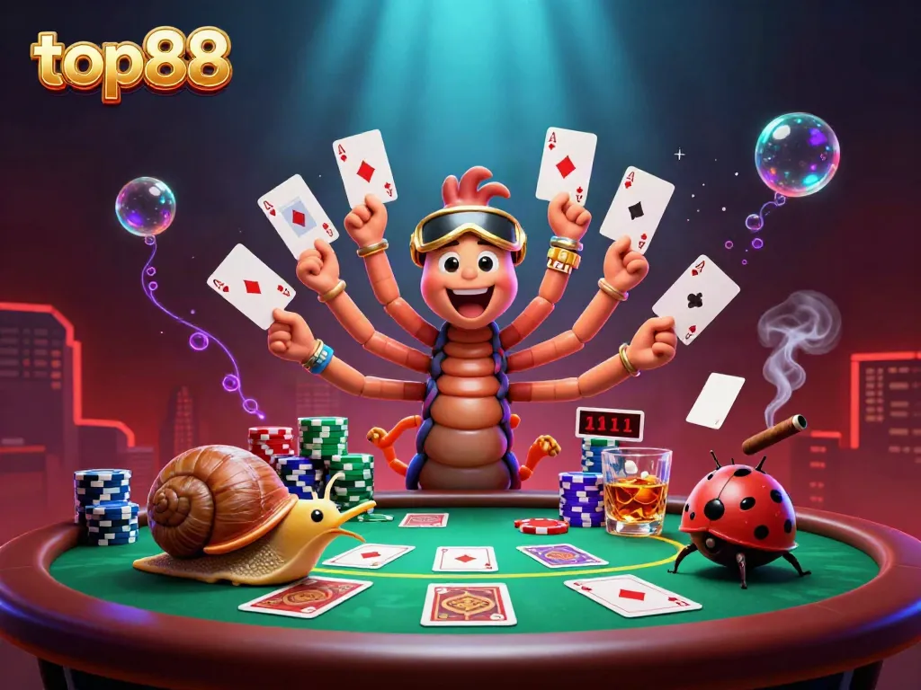 Engaging top88 casino scene featuring a cartoon millipede dealer and high-roller characters at a vibrant poker game.