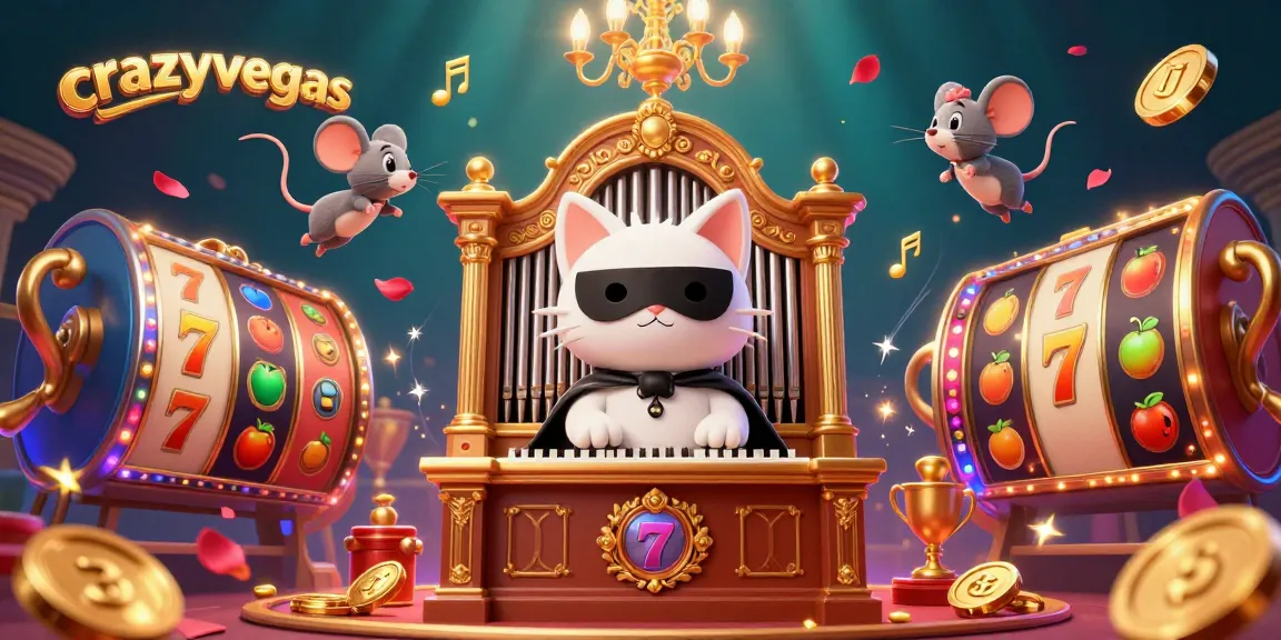 Experience the magic of crazyvegas with a phantom cat at a pipe organ, adorned with slot reels and golden trophies.
