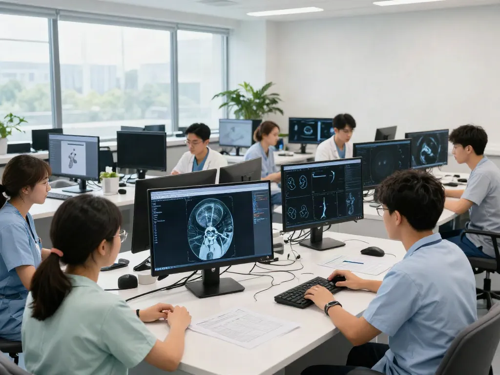 Students exploring rokok88 link in a modern radiology classroom setting