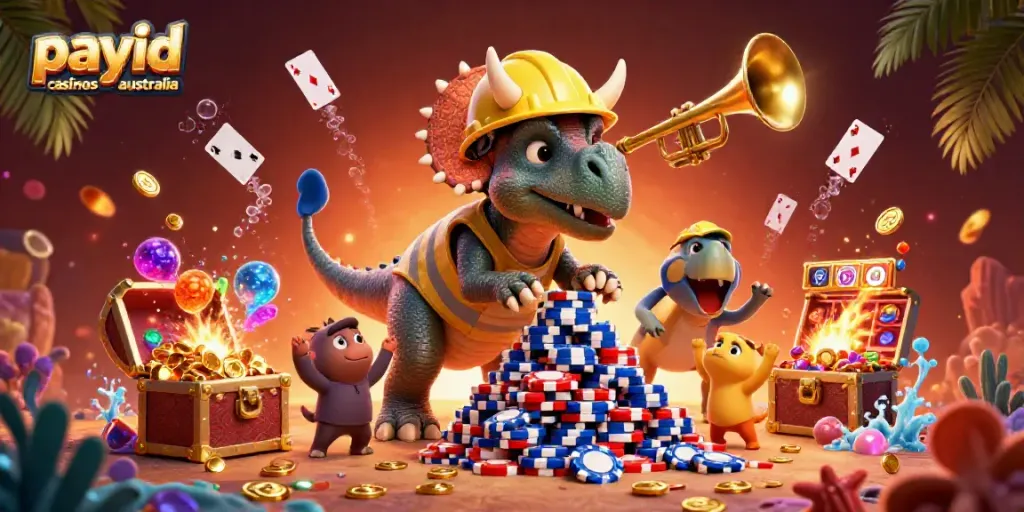 Experience fast action with payid casinos australia featuring vibrant gaming characters celebrating at a vibrant casino scene.
