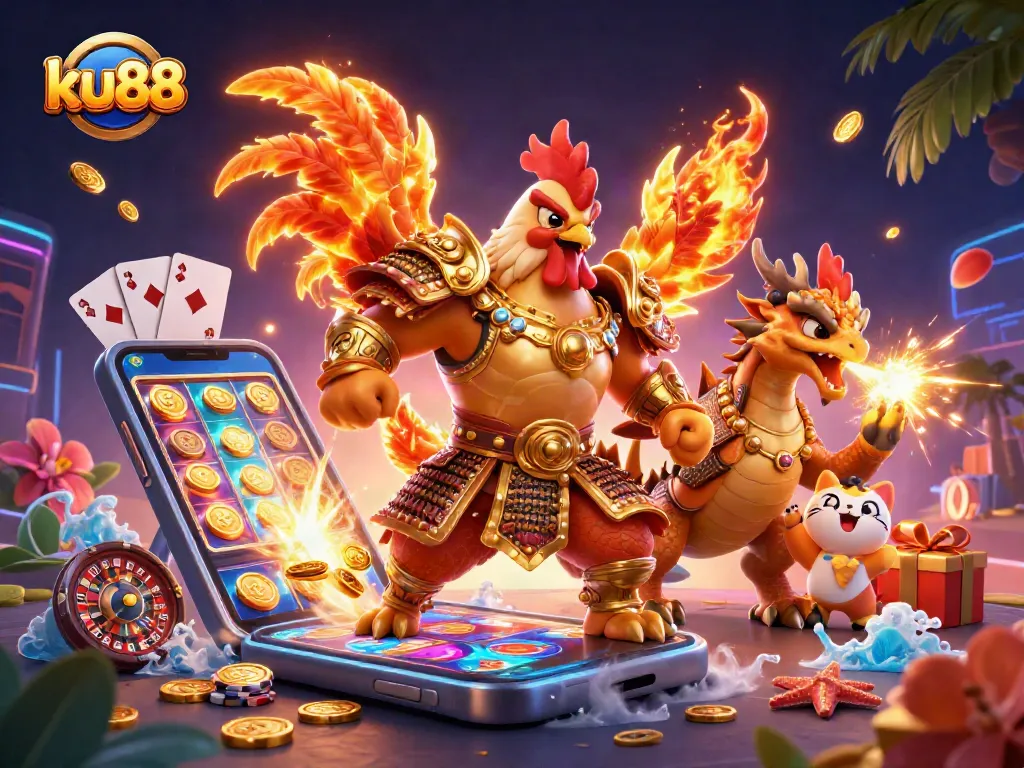 ku88 players spinning slots while fighting rooster and dragon cheer, vibrant casino action