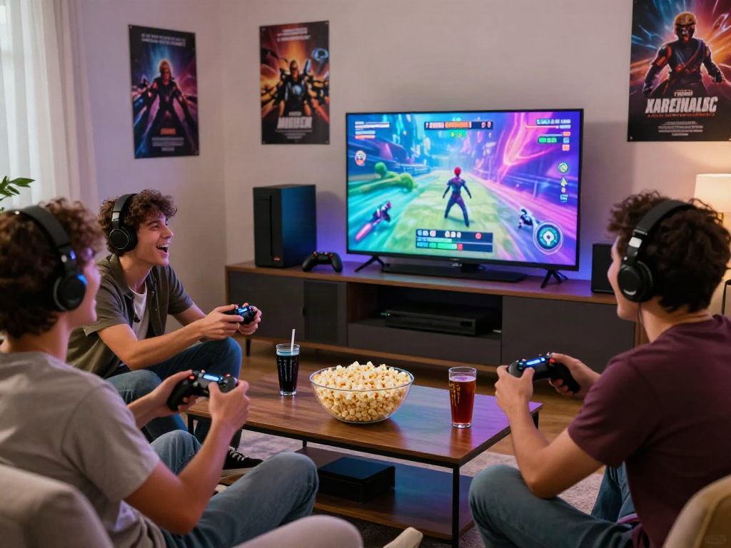 Friends enjoying a lively session of a porn game in a cozy living room filled with gaming culture.