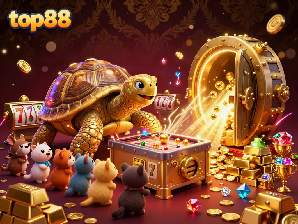 Engage with top88’s vibrant casino world featuring a golden tortoise, slot reels, and treasures.