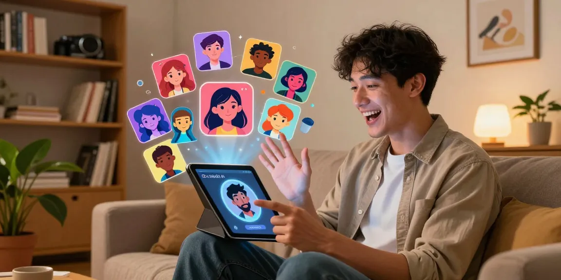 Engaging moment with CrushOn AI chatbot, vibrant character illustrations, cozy home setting.