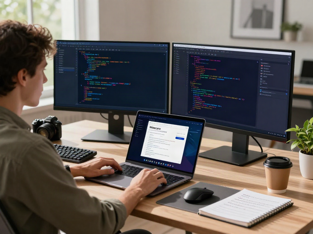 Workspace featuring a user optimizing PC speed with rokok88 software on monitors.