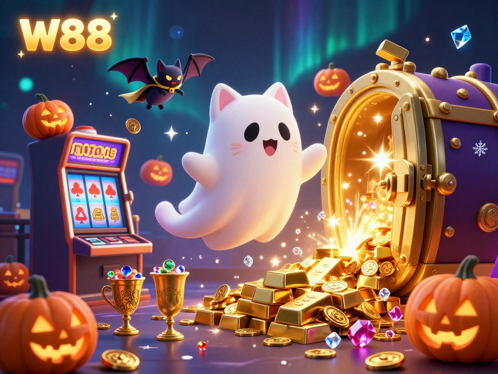 W88 ghost cat wins big in a haunted casino, surrounded by gold and jackpots.