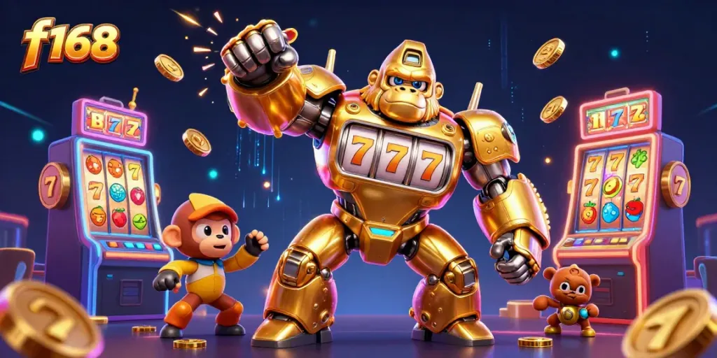 Experience thrilling gameplay with f 168 as the golden gorilla mech bursts with coins in a vibrant casino.