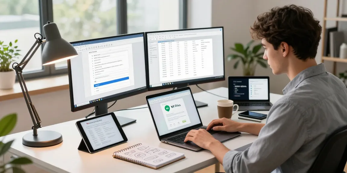 Download WPS Office in a modern home office with dual monitors and a professional working attentively.
