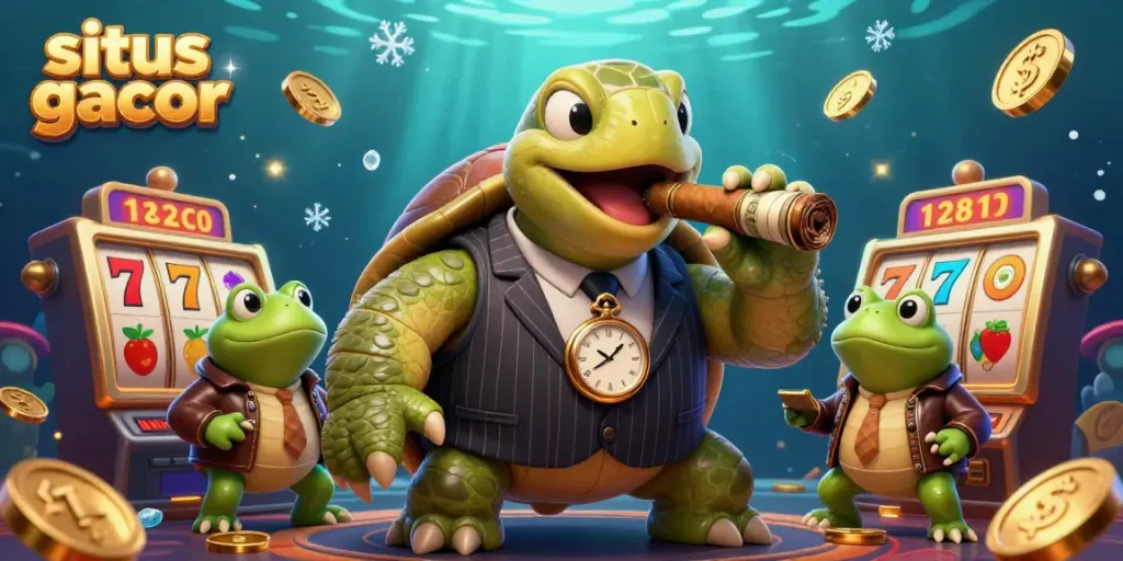 Experience the thrill of situs gacor with vibrant slot reels and dynamic casino elements surrounding characters.