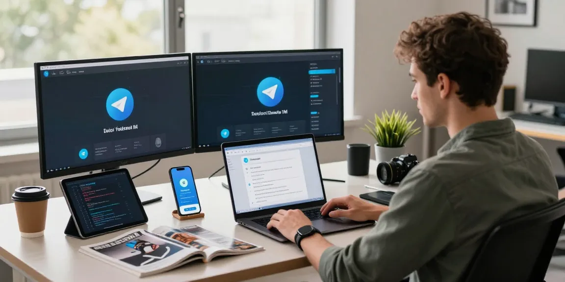 Explore Telegram Download in a modern tech workspace filled with devices and bright natural light.
