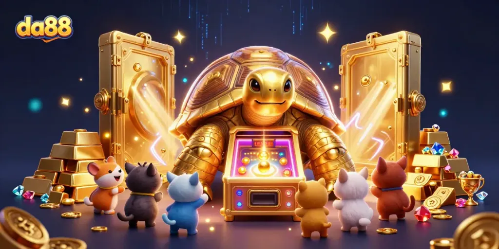 Engage in thrilling gameplay at da88 with golden treasures and dynamic casino elements in a vibrant 3D scene.