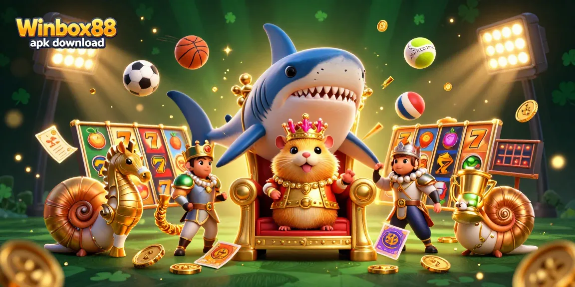 Winbox88 apk download showcases a vibrant casino scene with a golden hamster king, seahorse guards, and dynamic gaming elements.