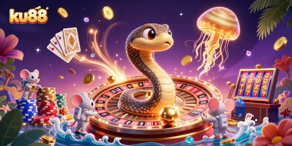 Experience thrilling bets at ku88, featuring an animated casino scene with cosmic characters and vibrant gaming elements.
