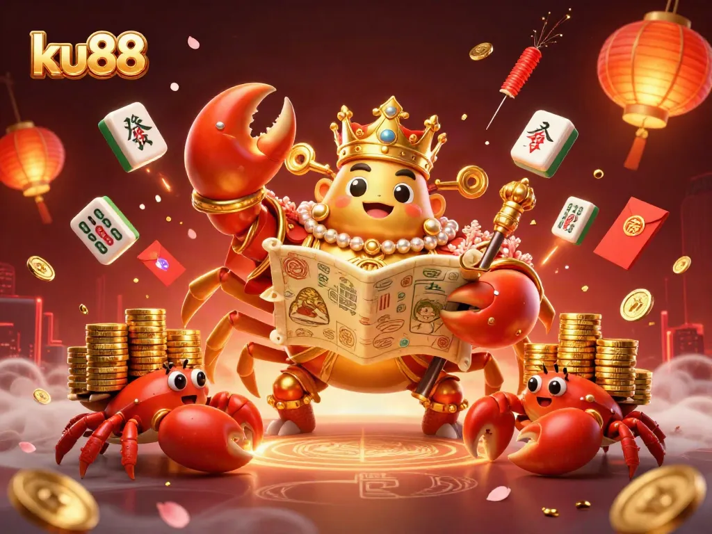 ku88 showcases a 3D golden crab emperor amidst festive gambling elements, celebrating casino excitement.
