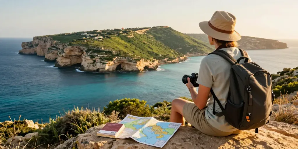 Engaging traveler enjoying a Malta Gozo tour, capturing stunning coastal views.